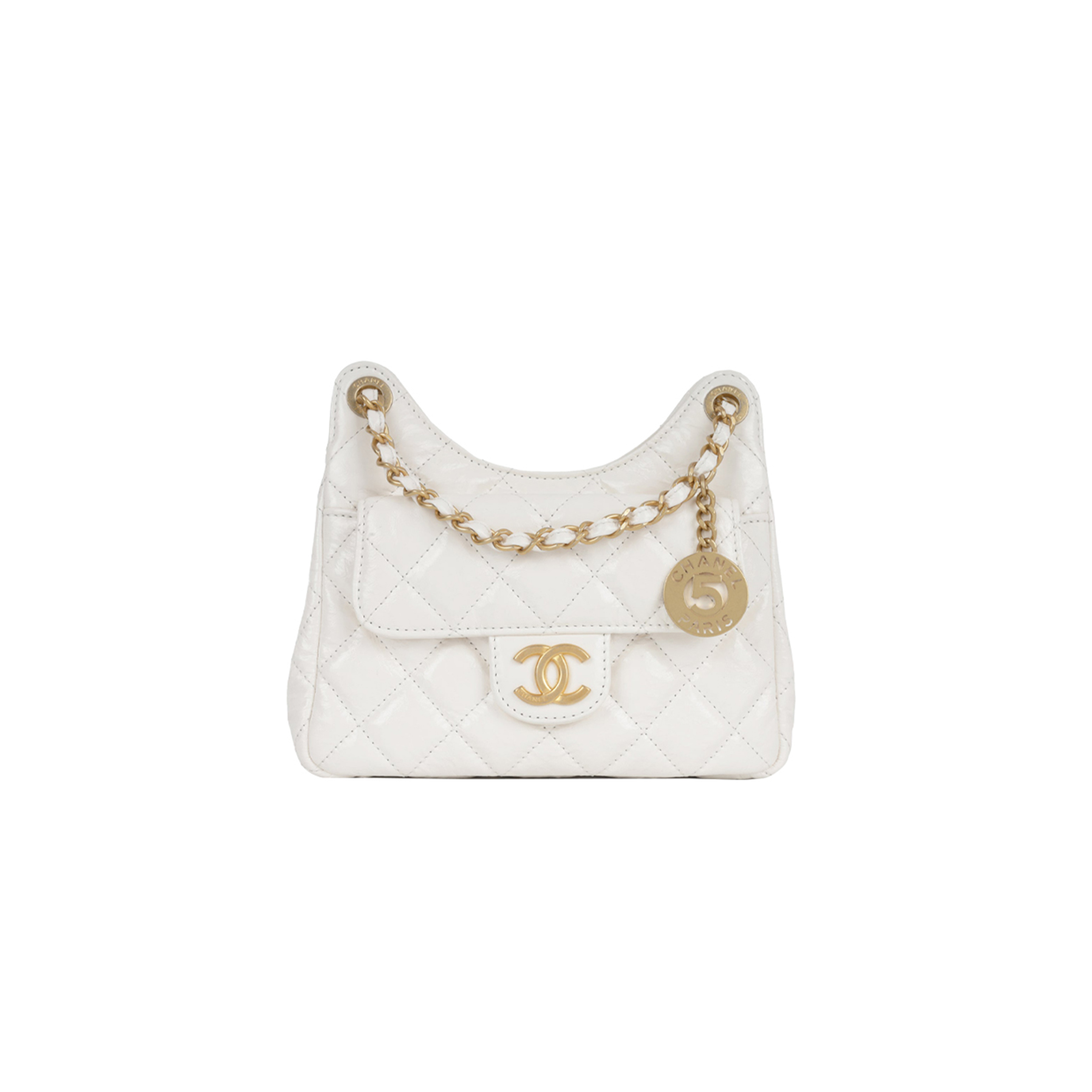 CHANEL MASTER WHITE SHINY CRUMPLED CALFSKIN HOBO BAG SMALL AGED GOLD HARDWARE (19*17*16cm)